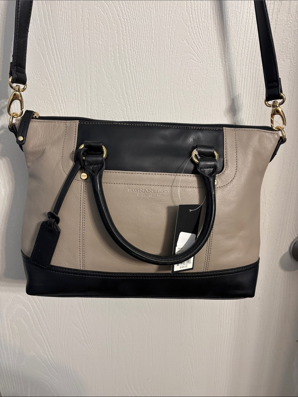 Tignanello Black and Taupe Two-Tone Leather Shoulder Bag
